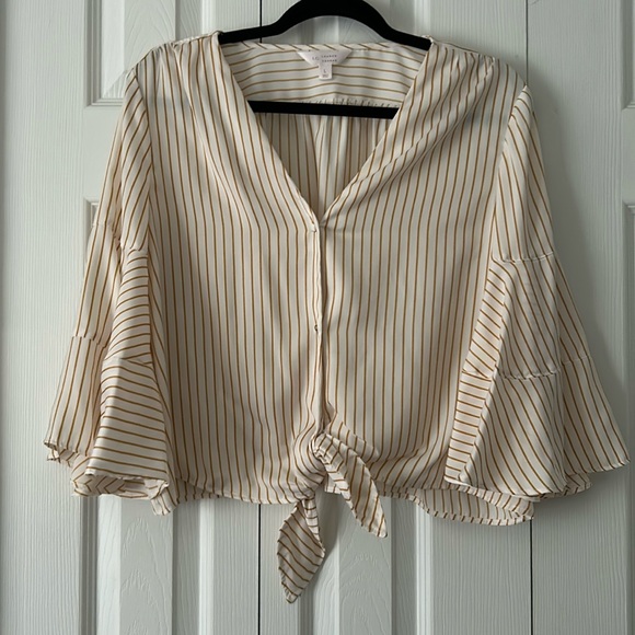 LC Lauren Conrad Tops - Striped Tie Waist Ruffle Sleeve Blouse